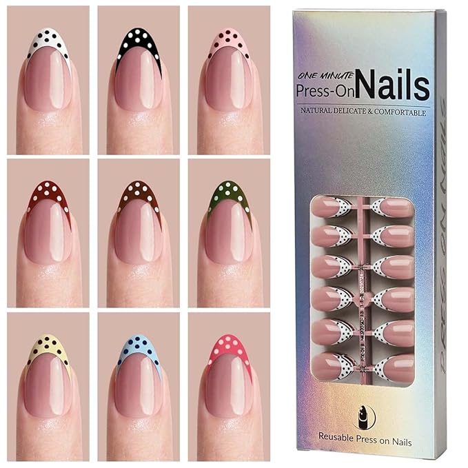 Polka Dot Press on Nails Short Almond Fake Nails 9 Colors French Tip Nails Press ons with Design Reusable Artificial Nail in 12 Sizes Full Cover Stick on Nails for Women Manicure Decorations 216Pcs