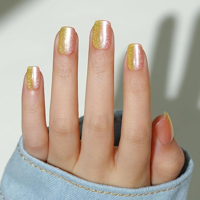 Press on Nails Short, Jofay Fashion Fake Nails, Two-color Ombre Cat Eye Press on Nails, Summer Acrylic False Nails, Reusable Stick on Nails for Women Girls, Glue on Nails Kit 32 Pcs, Sunny Beach