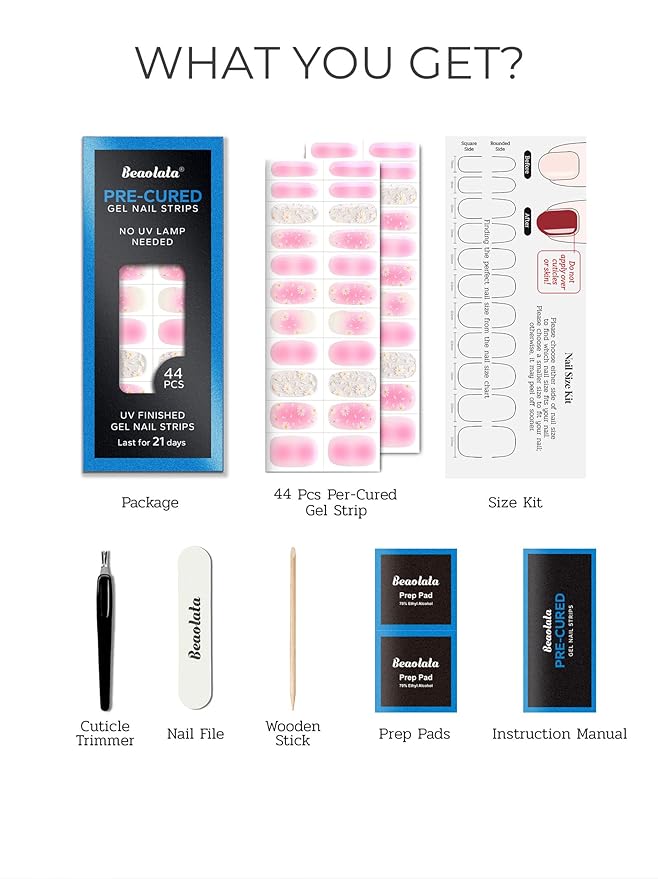 Pre Cured Gel Nail Strips - 44PCS Salon Quality Gel Nail Stickers - Long Lasting Polish Wraps for Women no UV Light Needed Easy Apply & Remove (PetalPink)