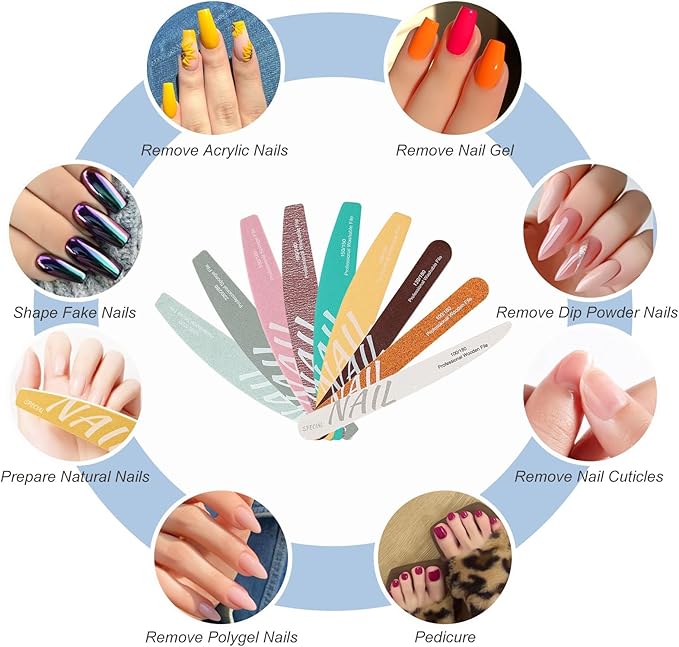 9Pcs Nail Files Buffer Set Double Sided Professional Emery Boards for Natural Acrylic Nails 100/120/150/180/220/240/280/1000/4000 Grit Washable Soft Nail Filer Manicure Tools Home Salon Use