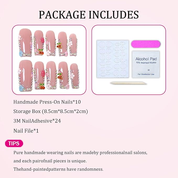 Handmade Press on Nails Long Square Fake Nails with 3D Luxury Cherry & Rhinestones Designs Flower False Nails Sparkly Acrylic Nail for Women 10pcs (M）