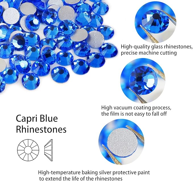 ss20 Capri Blue Flatback Rhinestones 1440 Pcs Pack, 5mm Glass Non Hotfix Rhinestone for Bling Tumbler, Shoes, DIY Crafts, Glitter Decoration