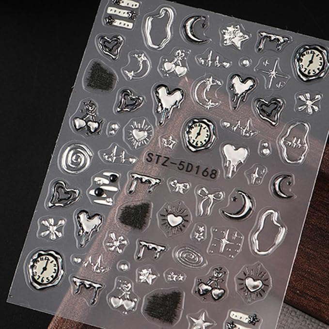 Silver Nail Art Stickers 5D Embossed Gold Heart Nail Stickers with Metal Clock Bow Star Self Adhesive Y2k Goth Design Valentines Nails Decals Nail Art Supplies for Women Acrylic Manicure Decorations