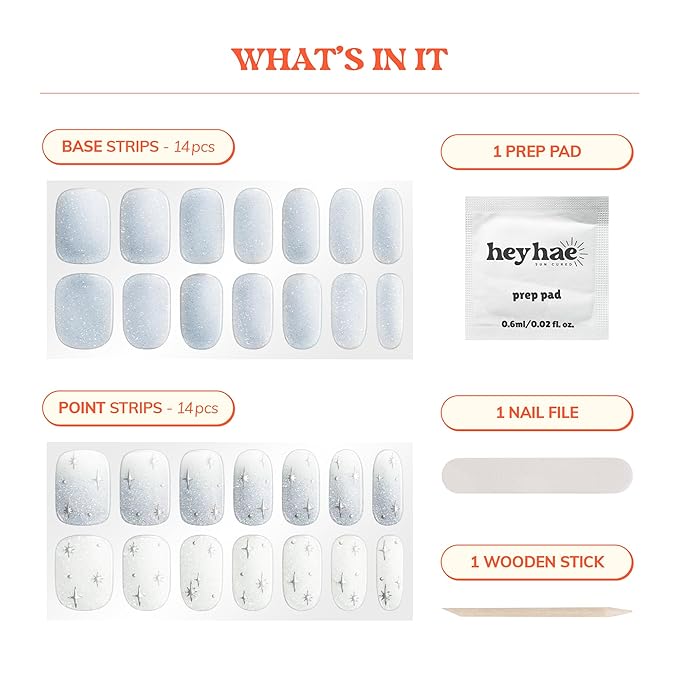 Heyhae Semi Cured Gel Nail Strips | No LED Lamp Needed | Glitter, Blue, White | Easy Apply & Remove, Salon Quality | Includes 28 Strips, 1 Prep Pads, Nail File & Wooden Stick - Hey, Rise and Shine
