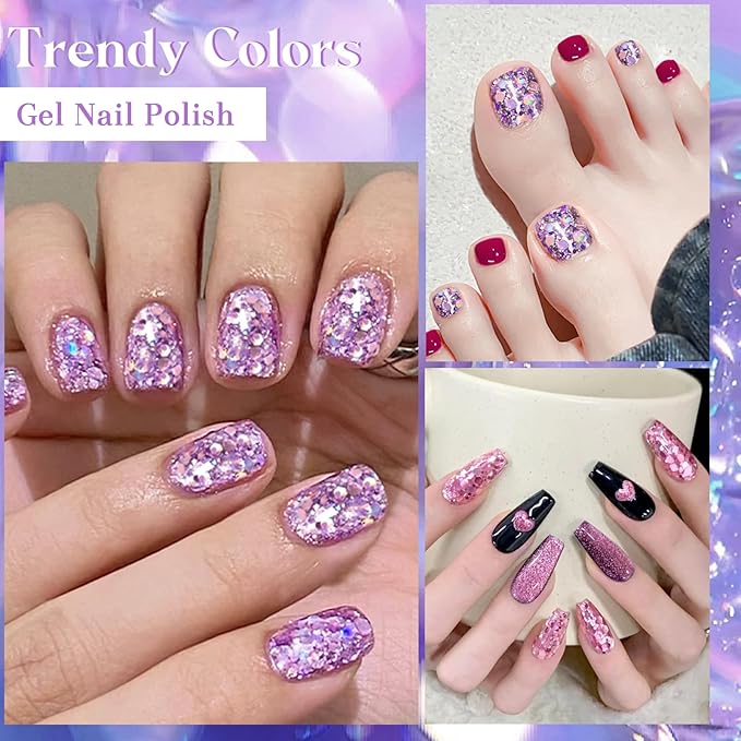 MEET ACROSS 9Pcs Glitter Gel Polish Sequins Gel Nail Polish Kit with 1Pc Nail Brush Shimmer Pink Blue Purple Brown Glitter Nail Polish Kit Holiday Gift Design for Party 8 Colors