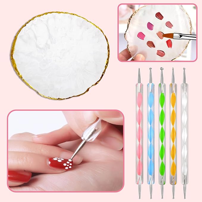 White Nail Art Brush 22 Pcs Set, 2 Head Acrylic Silicone Engraving Dotting Pen Tools Dust Brush, Striping Liner Drawing Pens, Resin Palette, for Nail Art DIY Home Salon Makeup Display Board