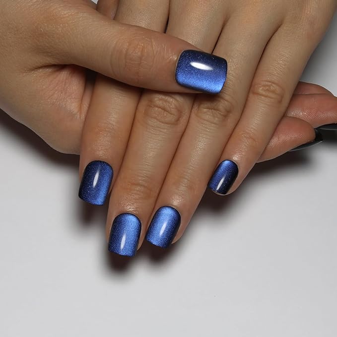 Blue Square Press On Nails Short, Blue to Black Gradient Cat Eye Press on Nails with Glue for Women Ashionable Gel False Nails Reusable Acrylic False Nails Women's Glitter Nails Glue On Nails Kit