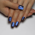 Blue Square Press On Nails Short, Blue to Black Gradient Cat Eye Press on Nails with Glue for Women Ashionable Gel False Nails Reusable Acrylic False Nails Women's Glitter Nails Glue On Nails Kit