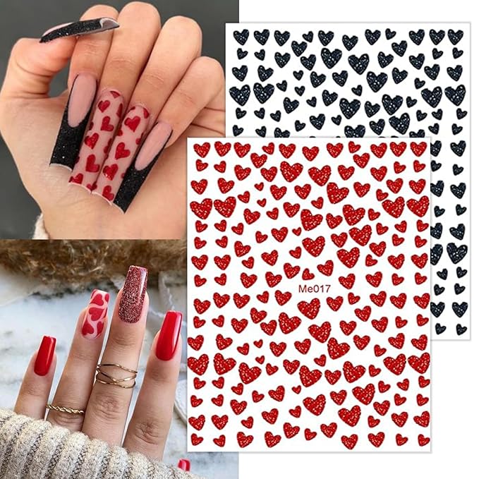 10 Sheets Heart Nail Stickers Decals Shiny Love Nail Decals Colorful Glitter Hearts Nail Art Supplies Self Adhesive Valentines Nail Art Stickers for Women Valentines Nail Design Decoration
