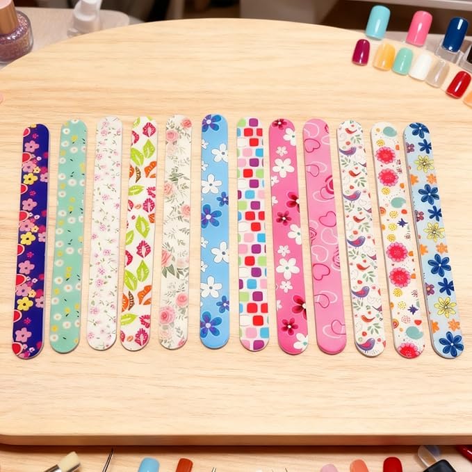 24 Nail Files, Colored Emory Plate Nail Files Double Sided 180 Grains Professional Manicure Emory Plate Buffer Pedicure Tools Nail Shaping Polishing Files (Flower Series, Count, 24, 100/180 Grit)
