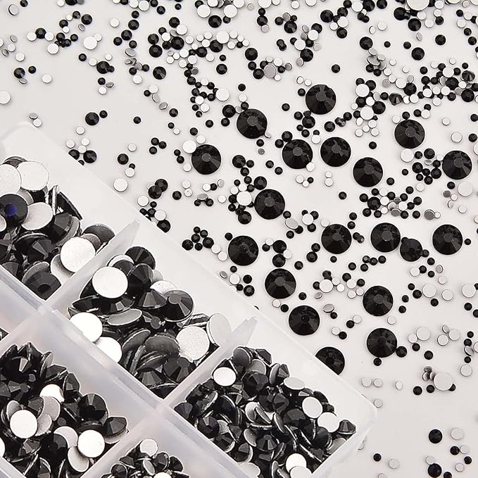 NCB 8000pcs Non Hotfix Rhinestones 10 Sizes Flatback Crystal Glass Rhinestones with Tweezers and Picking Pen for Nail Art Clothes Bags Phone Decorations Crafts DIY (002 Black Mix SS3-SS30)