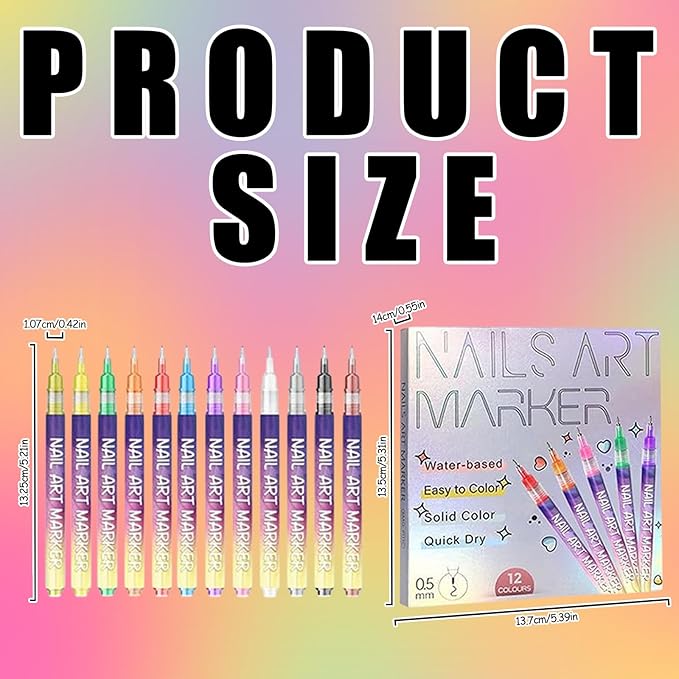 12 Colors Nail Art Pens Set, 0.5mm Fine Tip Nail Polish Pens, Quick-Dry Waterproof Nail Art Markers for DIY Nail Design, Dotting & Liner Manicure Tools