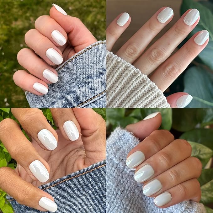 Olive & June Instant Mani Press-On Nails (Glue) | 42 Fake Nails, 21 Sizes | Non-Toxic Long-Lasting Recycled Materials Realistic Look | Salon-Quality at Home | Extra Short, Round | White Chrome