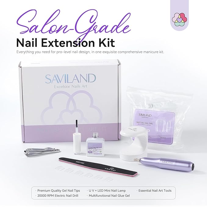 SAVILAND Gel Nail Kit: 500 Pcs Extra Short Square Nail Tips with Drill Kit 30-Day Strong Hold Gel Nail Tips X 12 Sizes Fake Nails with Glue & Nail Lamp For Beginners DIY At Home Nail Kit Gift