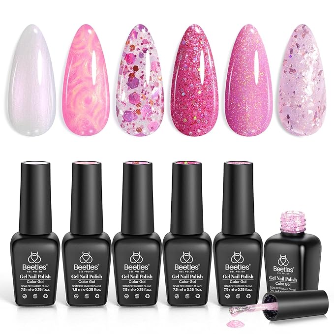 Beetles Gel Nail Polish Set – 6 Pink Shades with Shimmer & Glitter Soak Off UV LED Gel Polish Kit Long Lasting Pink Reverie Collection DIY Home Salon Manicure Gift for Women & Girls