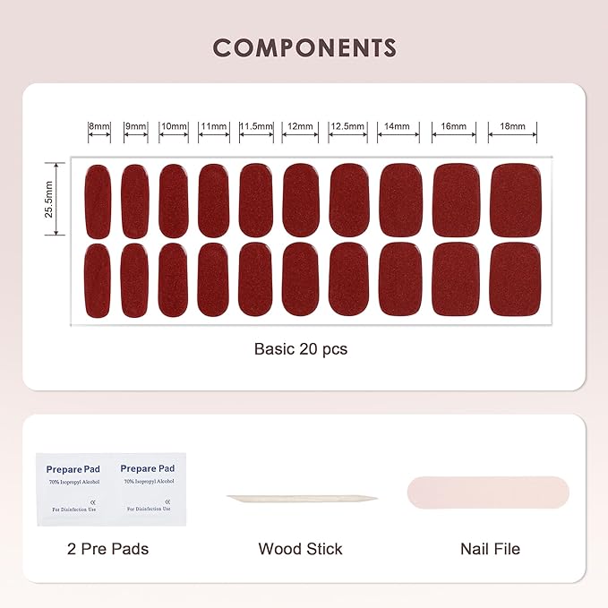 Semi Cured Gel Nail Strips – Real Gel Nail Polish Wraps | Long Lasting Easy Peel-Off Removal | Hema-Free | 20-Piece Glitter Cat eye Dark Red Salon Stickers Kit with File & Stick