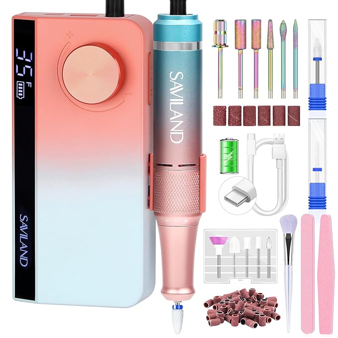 SAVILAND Electric Nail Drill Professional: 35000RPM PRO Nail Drill Kit with Clear Nude Nail Extension Kit