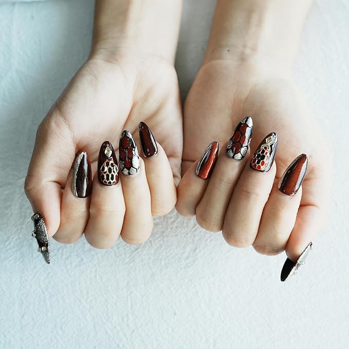 Dark Red Press on Nails Luxury Medium Almond, Handmade Fake Nails 3D Design with Snake Charm Rhinestones Glossy Full Cover Thick Acrylic Nails for Valentine's Day(Red Flame,M)