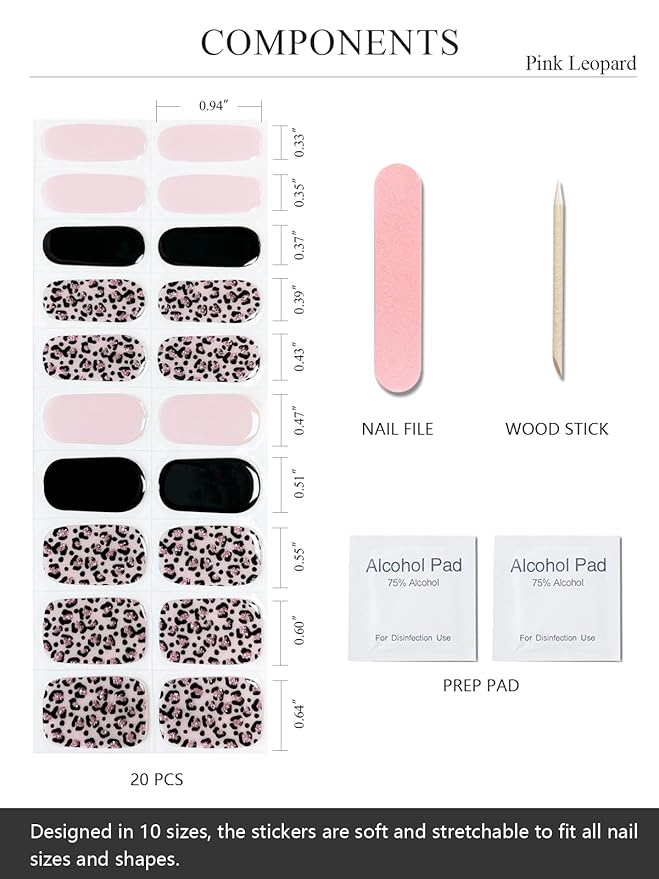 Semi Cured Gel Nail Strips (Pink Leopard), Purple, 20 Pcs Gel Nail Wraps, Stickers, Salon Quality, Long Lasting, Works with Any UV Lamps