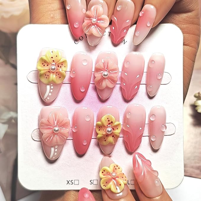 Handmade Acrylic Press On Nails Almond, Short Almond Press On Nails Pink, Ombre 3D Flower Nails For Women Gift, Reusable Stick On Fake Nails Kit With Nail Glue(3D Floral Blush-L)