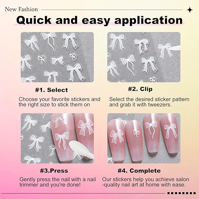 3 Sheets Bow Nail Sticker 3D Embossed Self-Adhesive Color Bow Art Nails Decals 5D Design Stickers Supplies for Women Girls Manicure Decoration 807-10