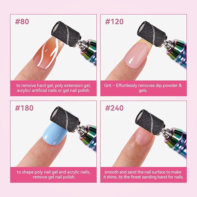 Makartt Sanding Bands for Nail Drill - 100 Pcs #180-Fine Grits Nail File Sanding Bands for Drill Bits, Nail Prep Smooth Polish, Upgrade Thicker Durable Sanding Drill Bit for Acrylic Nails Gel, Black