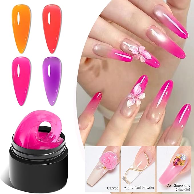 MEET ACROSS 9Pcs 3D Builder Gel Kit for Nail Art Hot Pink Orange Purple Non Sticky Hand Carving Extension Solid Builder Gel for Nails with Silicone Pen Manicure Kit 4 Colors