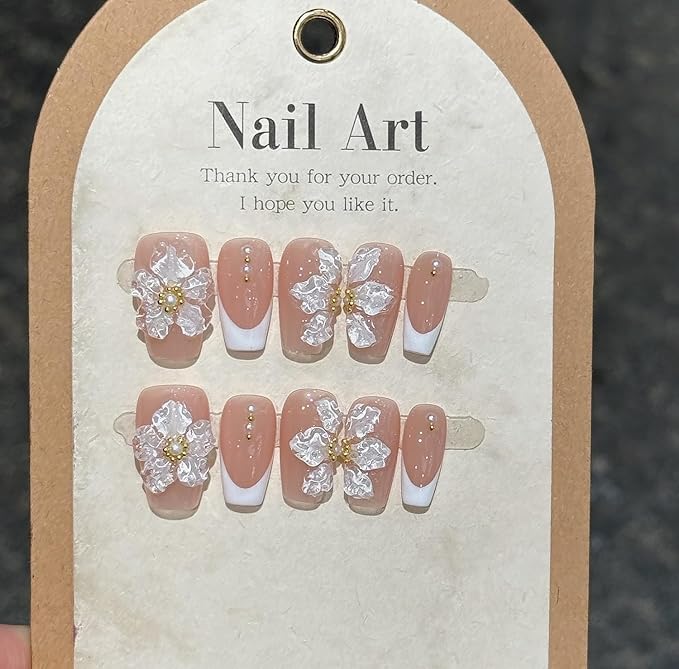 Handmade Press on Nails Medium Coffin White French Acrylic Nails 3D Flower Embossed False Nails Reusable 3D Flower and Pearl for Girls Manicure Art Decoration Accessories (Size M)