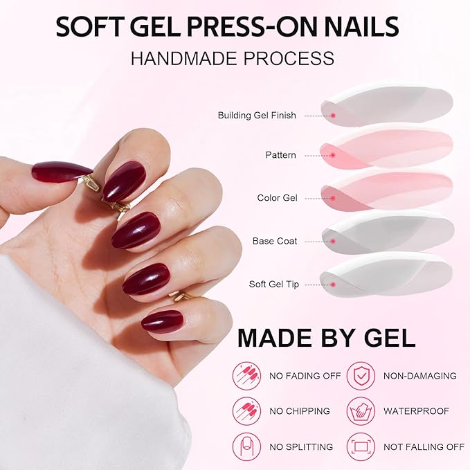 Findigit Red Press On Nails Almond Short - Red Soft Gel Press on Nails, Glue on Nails with Nail Glue, Reusable Stick on Nails in 16 Sizes,32 Fake Nail Kit,Rose Almond