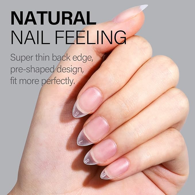 AILLSA Short Almond Nail Tips 450PCS Upgraded Matte Gel Nails Tips No Filed Pre-shaped Soft Full Cover Short Almond Nails Clear False Gelly Nail Tip for Soak Off Nail Extensions 15 Sizes