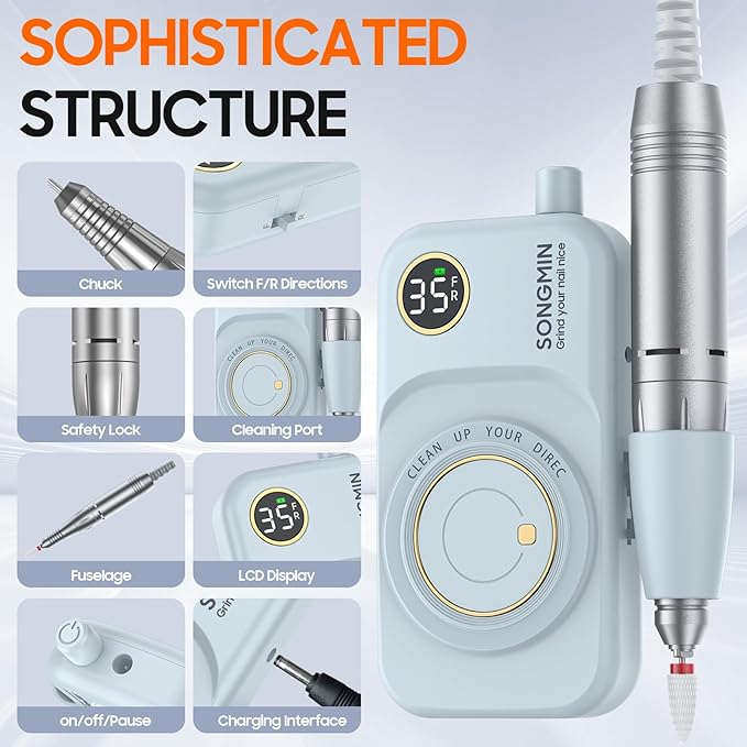 Professional Nail Drill 35000 RPM,SONGMIN Portable Cordless Efile with Bits Kit for Acrylic Nails Gel Polishing Removing,Rechargeable Electric Nail File Machine for Manicure,Pedicure Salon Home,Blue
