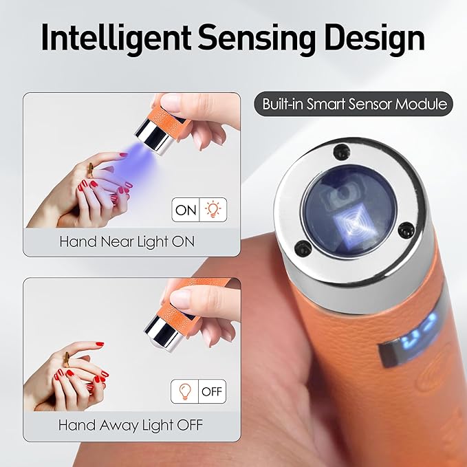 YTD Likomey Intelligent Sensor Handheld UV Light for Nail Gel with Magnetic Stand,Mini Portable Cordless Rechargeable Leather Nail Lamp with LCD Display,Fast Curing for UV Glue Builder Gel-G1 Orange
