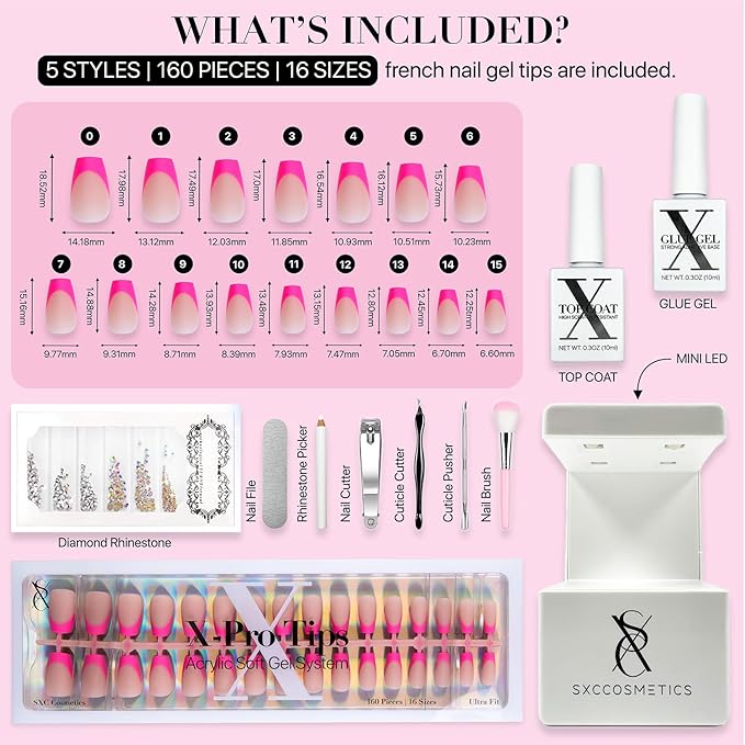 SXC Cosmetics X-Pro Tips French Tip Press On Nails - Bright Pastel Glow in the Dark Series (GLOW119KIT-S Coffin)