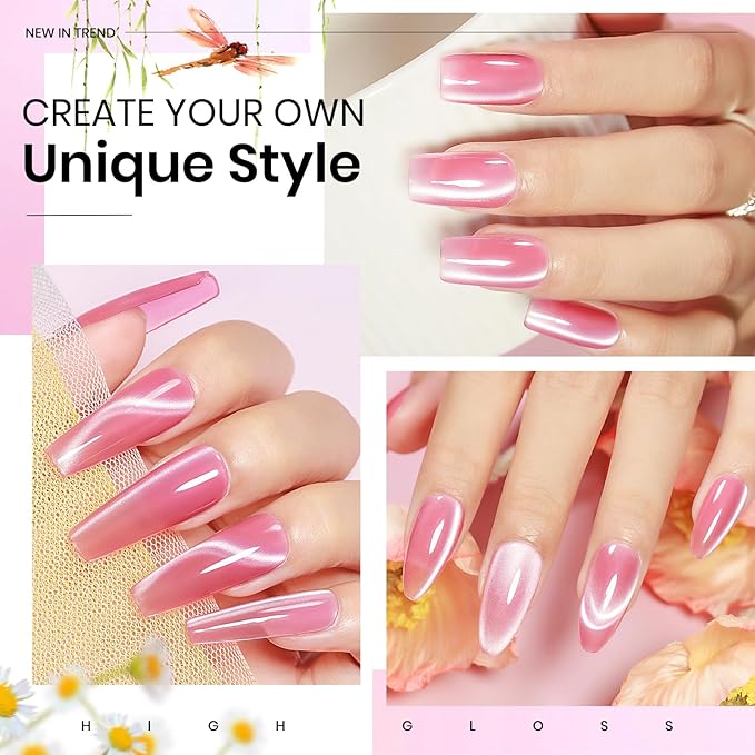 MIZHSE Cat Eye Gel Nail Polish, Ceramic Magnetic Gel Polish with Magnet Stick, Crystal Shimmer Pink Colors Nail Gel Soak Off Nail Art Salon Home Gift for Women 12mL