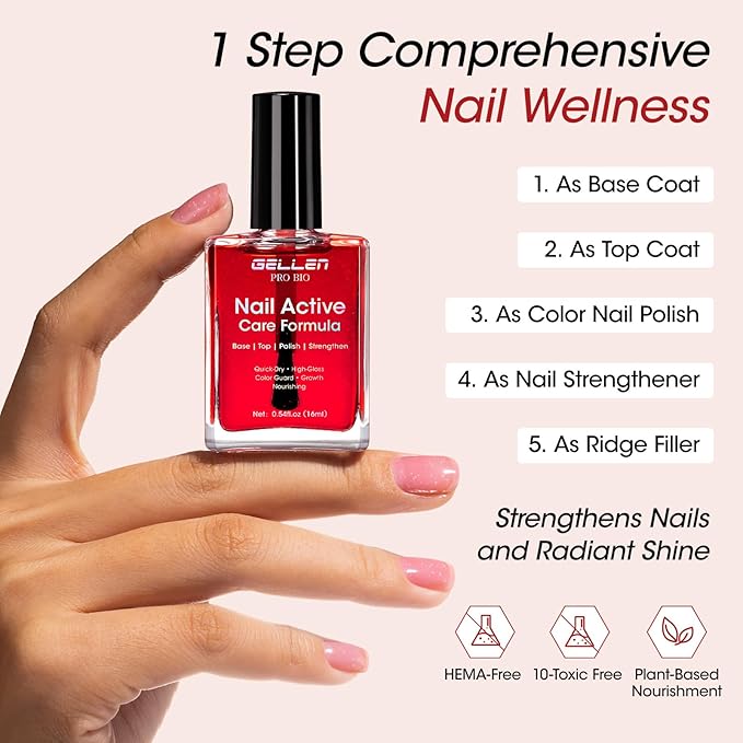 Gellen Pro Bio Active Glow Nail Polish One Step Ridge Filler Nails Concealer & Strengthener with Hexanal B5 Calcium & Grape Seeds Oil for Healthier Nails, Ultra-Glowy Shine, Vegan & Cruelty-free