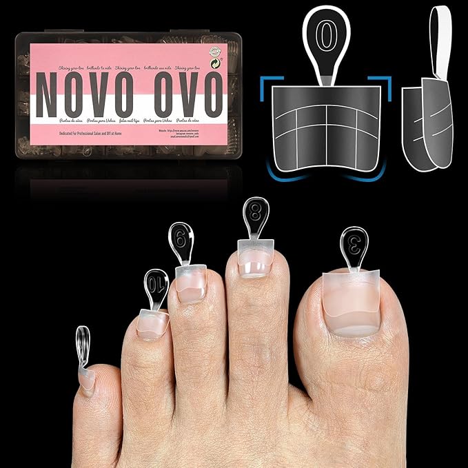 NOVO OVO Upgraded Flexible Half Cover Soft Gel Fake Toe Nail Tips with Auxiliary Line for Toenail Extension, Sharp Square Medium Wide for Men Women Acrylic pedicure in Salon x 15 Sizes 240 Pcs