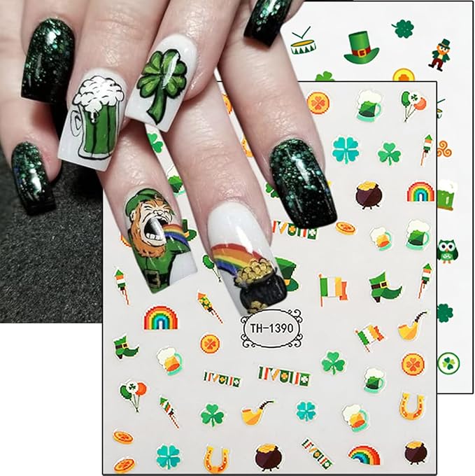 6Sheets St. Patrick's Day Nail Stickers 3D Rainbow Coin Hat Four Leaf Clover Design Spring Nail Decals Lucky Green Shamrock Nail Art Stickers for Women DIY Irish St. Patrick's Day Nail Supplies Decor