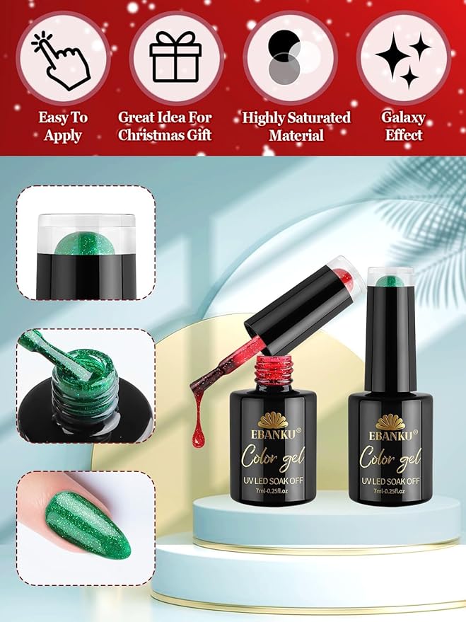 EBANKU Gel Nail Polish Kit, 12 Colors Gel Polish Kit Red Green Gel Polish Glitter Blue Silver Gel Polish Set Christmas Nail Polish Kit DIY Manicure Set For Nail Art Decoration