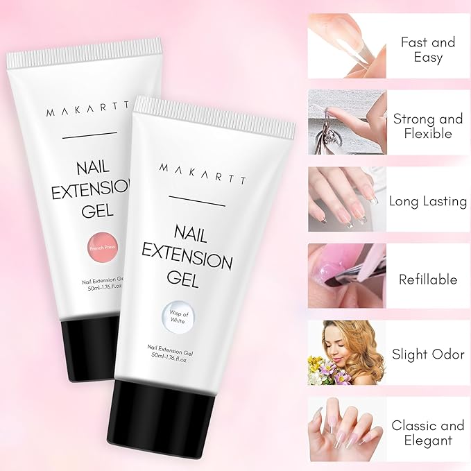 Makartt Poly Nail Gel Set, 2 Colors 50ML, Milky White and Nude Pink, Strong Builder for Extension Overlay Strengthener 3D Diy, Multifunctional, Long-lasting for Nails French Manicures Home Salon