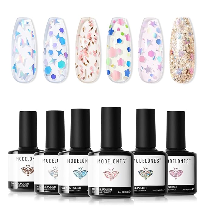 modelones Gel Nail Polish Set, 6 Colors Dried Flower Laser Butterfly Blue Pink Star Shape Ornament Glitter Gel Polish Collection with Wooden Stick All Seasons Soak Off LED Manicure DIY Gift