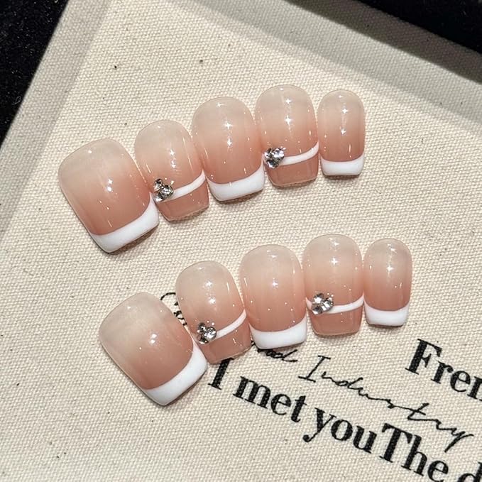 Short Square Press on Nails - Handmade Manicure Art Reusable False Nails 10pcs with Solid Nail Glue, Nail Adhesive Tabs, Strong Nail Glue (S111-Large)