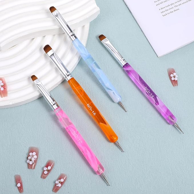 4 Pcs Gel French Manicure Brush with Dotting Tool Acrylic Nail Clean Up Brushes Elegant Marble French Nail Brush Set for Manicure Art Design and Nail-Cleaning (Multicolor 10# 12# 14# 16#)