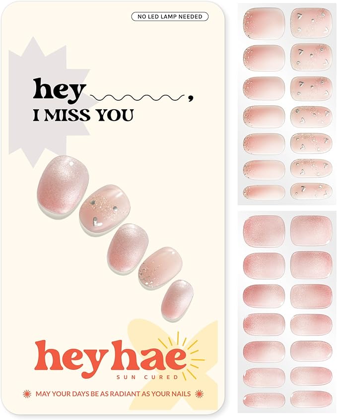 Heyhae Semi Cured Gel Nail Strips | No LED Lamp Needed | Glitter, Pink, Spring | Easy Apply & Remove, Salon Quality | Includes 28 Strips, 1 Prep Pads, Nail File & Wooden stick - Hey, I Miss You