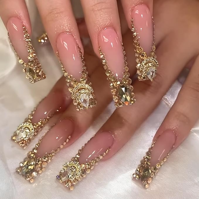 Long Square French Tip Press on Nails Full Diamonds Fake Nail with Full Diamonds Designs False Nails Press Ons Gift for Women 24pcs