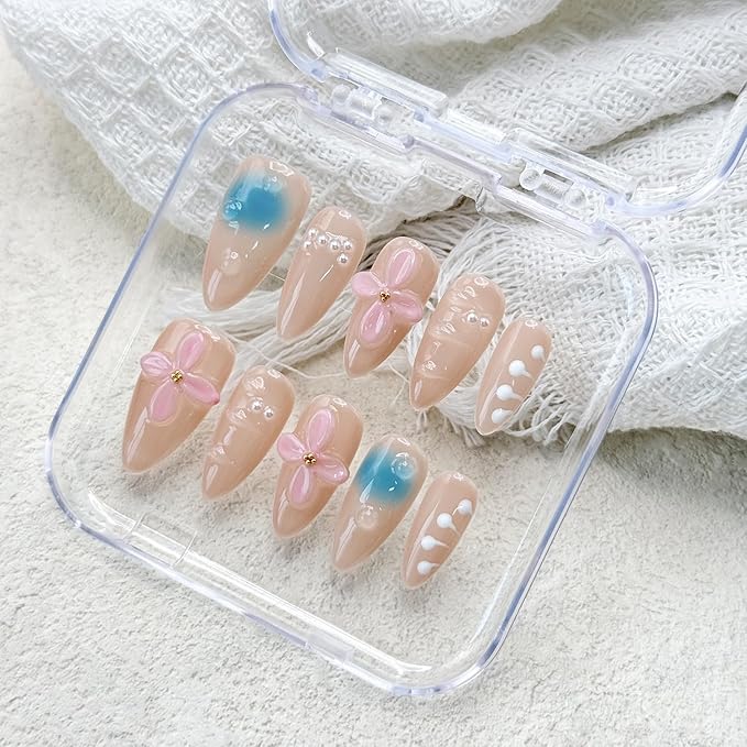 Handmade Press on Nails Medium Almond Thick Nails Nude Fake Nails with Glue,3D Pink Flower Art False Nails with Design Reusable Acrylic Nature Stick on Nail for Wome (Size S)