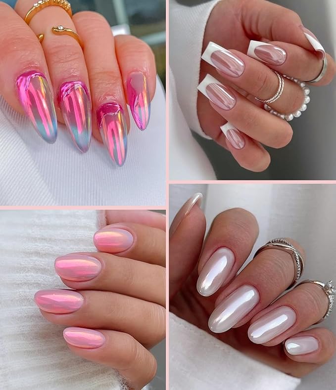 Pearl Chrome Nail Powder BISHENGYF -【Fairy Effect】Pink Chrome Nail Powder White Pearlesent Aurora Mermaid Iridescent Nail Chrome Powder, Metallic Mirror Glitter Pigment Dust For Nail Art DIY 2PCS