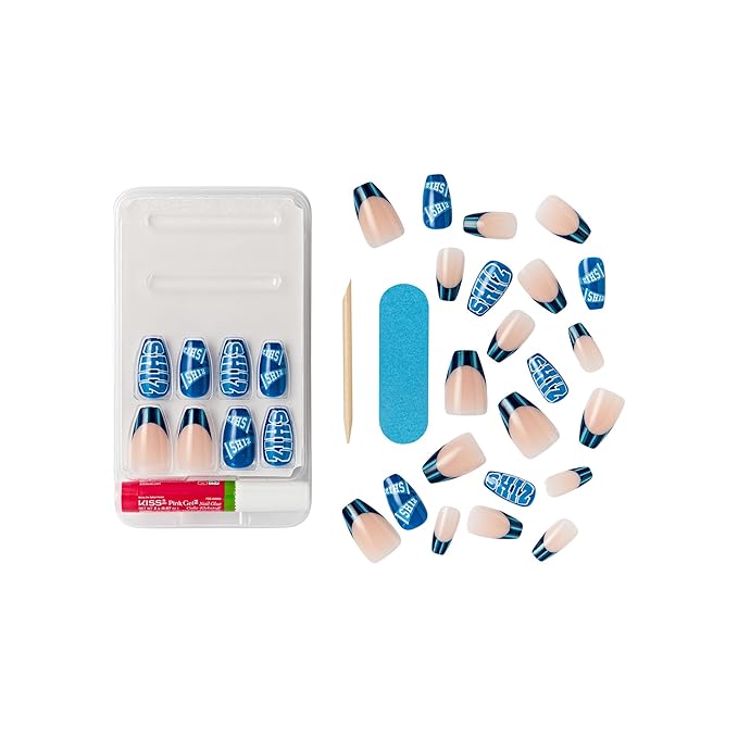 WICKED X KISS Press On Nails, ‘Shiz Campus’, Blue, Medium Coffin, Waterproof, Chip Proof, Smudge Proof, 28 Fake Nails, Pink Gel Nail Glue (2g), Mini Nail File, & Manicure Stick