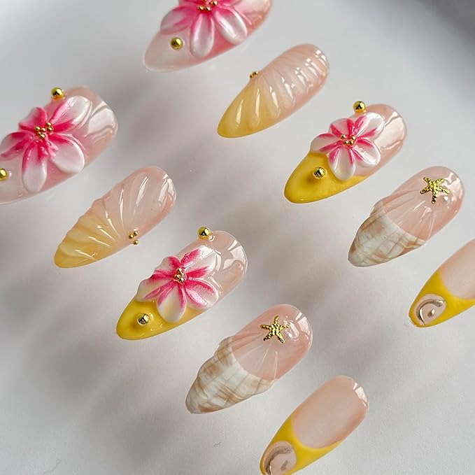 Luxury Press on Nails Medium Almond Handmade 3D Unique Reusable ABS Material Fake Nails French Tip Yellow False Nails with Designs Pink Flower Glossy Glue on Nail Thick Acrylic Nail(S)