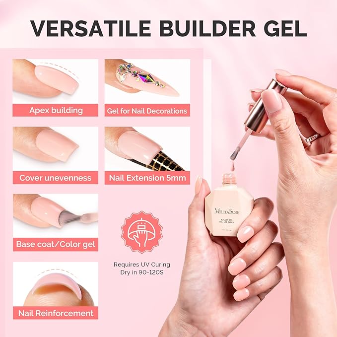 MelodySusie 3PCS 15ML Nude and Pink Base Colors Builder Gel Set for Nails Thickening, Soak Off UV Extension Gel Rhinestone Glue in a Bottle for Nail Art Design Gift for Women DIY Manicure at Home