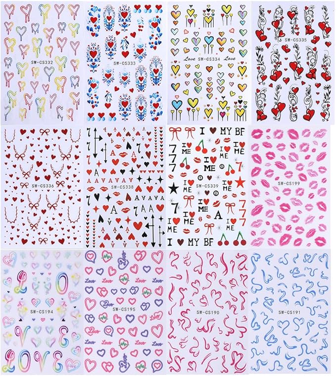 Valentines Nail Art Stickers Decals 12PCS Romantic Heart Bow Nail Decals 3D Self Adhesive Red Pink Colorful Cherry Lips Line Nail Art Design Valentine Manicure Decoration Sticker for Women